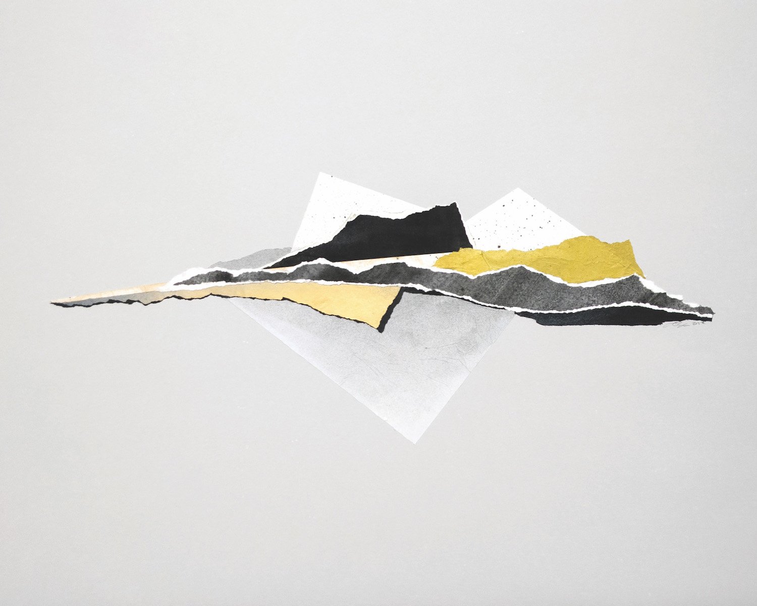 An abstract collaged mountain landscape in black white and gold by artist Allison Belolan